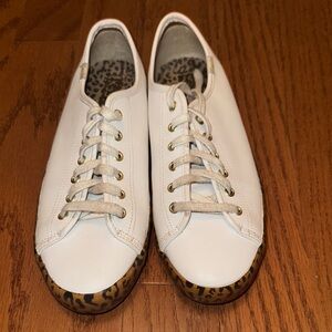 Women's Keds White Leather Sneakers with Leopard Trim